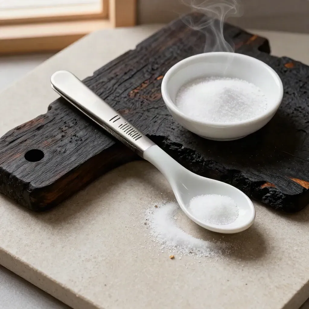 Overhead still life of chef tweezers, tasting spoon, salt bowl, and charred board on pale stone.