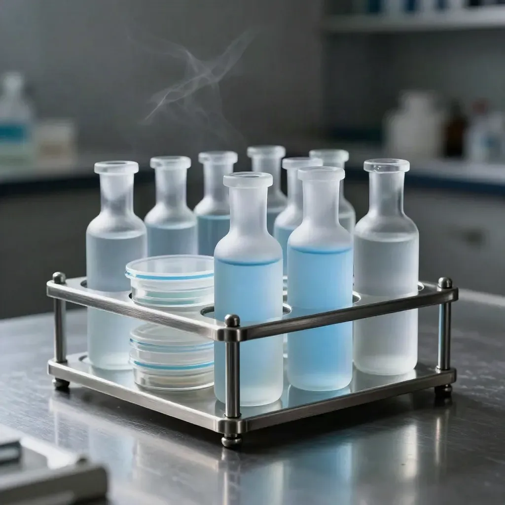 Frosted lab vials and aluminum rack on brushed metal with mist and blue glint.