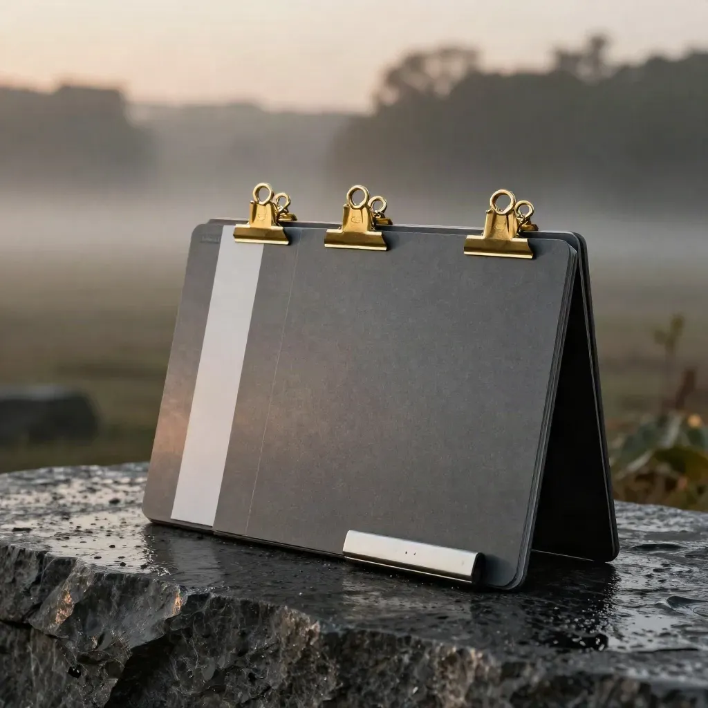 Graphite task board with brass clips, slate tabs and steel timer on wet basalt at dusk.