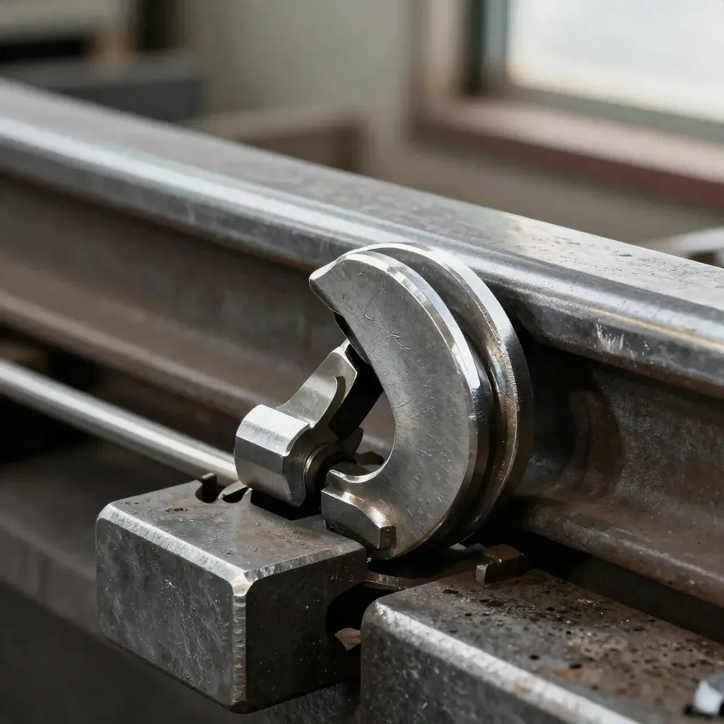 Rail fasteners, coupling hook, and spacer block on brushed metal in dramatic macro light.