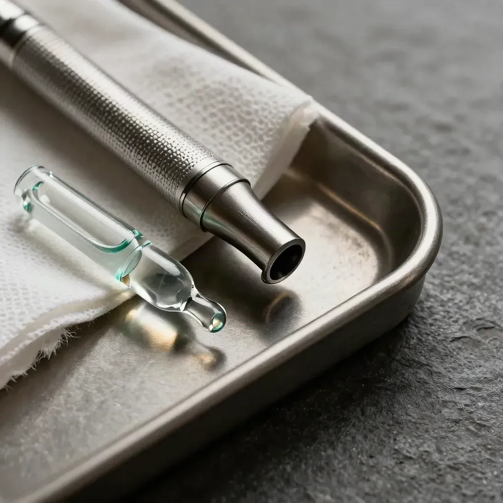 Macro still life of otoscope tips, ampoule, and gauze on dark stone.