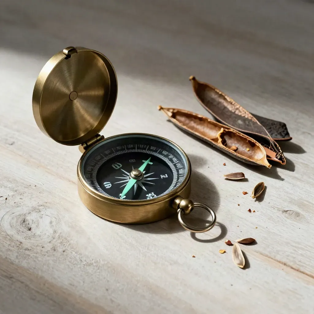 Forest survey compass, seed pods, bark chips, and matte sheath on pale wood with soft haze.