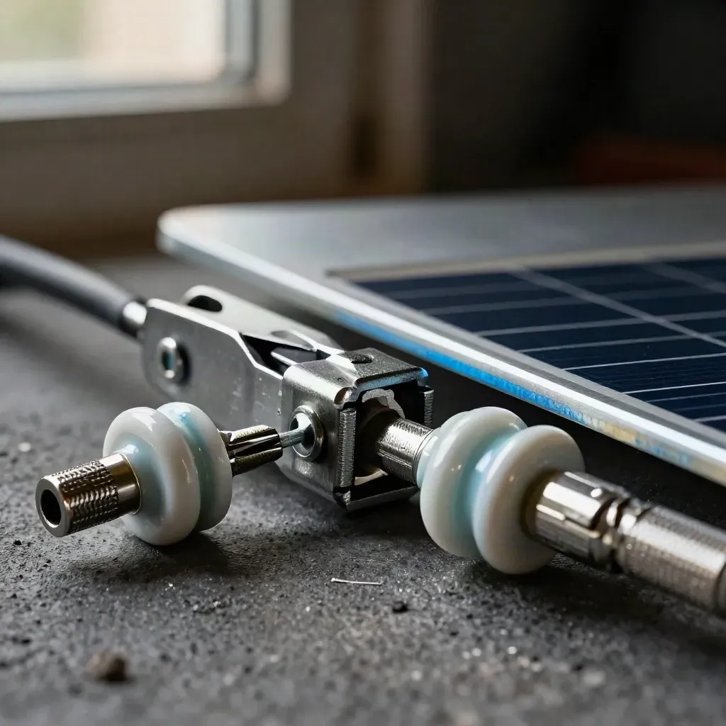Macro of a solar clamp, cable ferrules and ceramic insulator on graphite stone