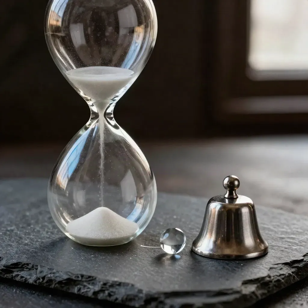 Smoked-glass hourglass, steel bell and paperweight on dark stone, last grains falling