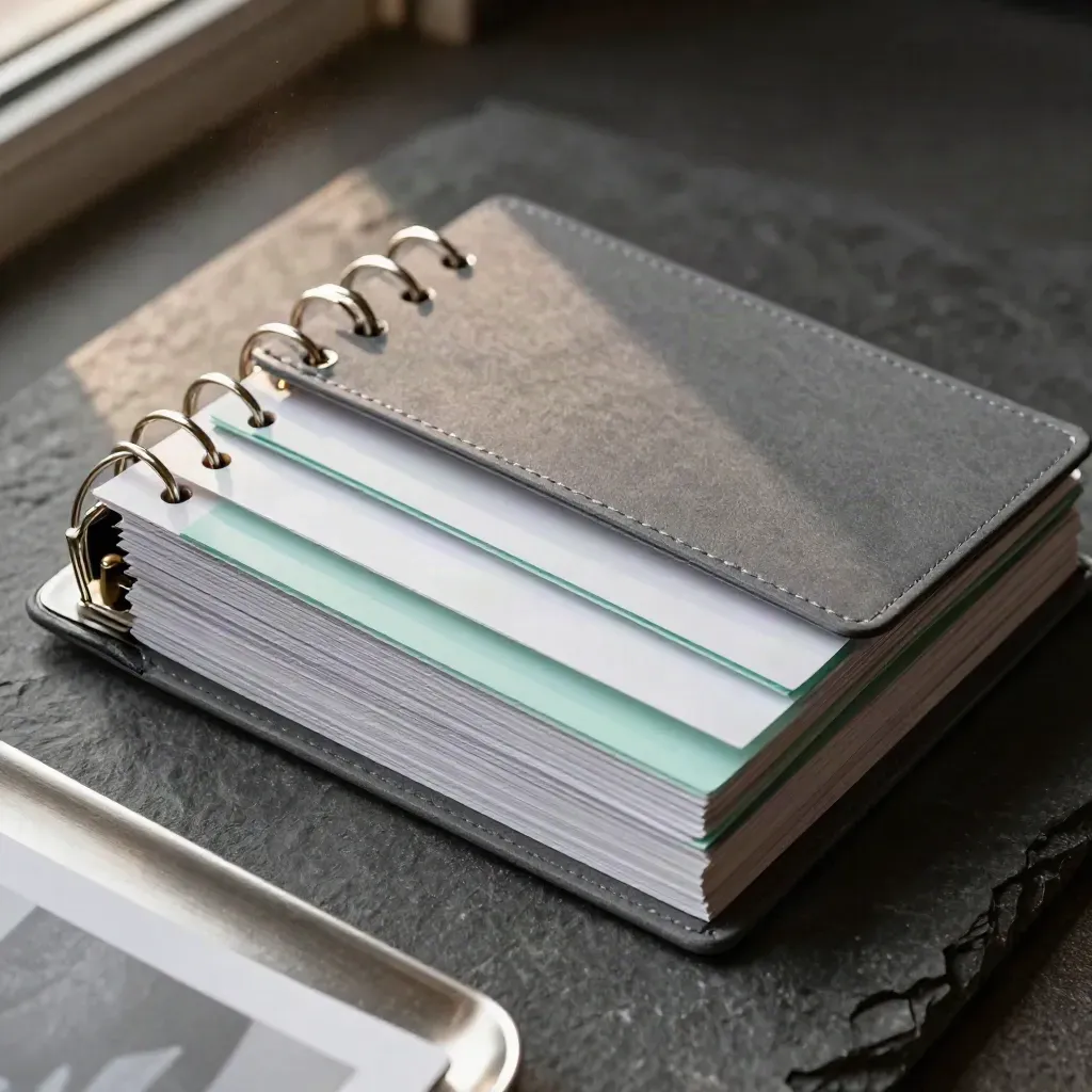 Disc-bound planner inserts, ring binder, and blank dividers on stone under dramatic light.