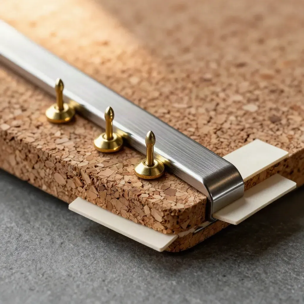 Macro cork pinboard tile with brass pushpins, steel rail, and blank card corners on graphite stone.