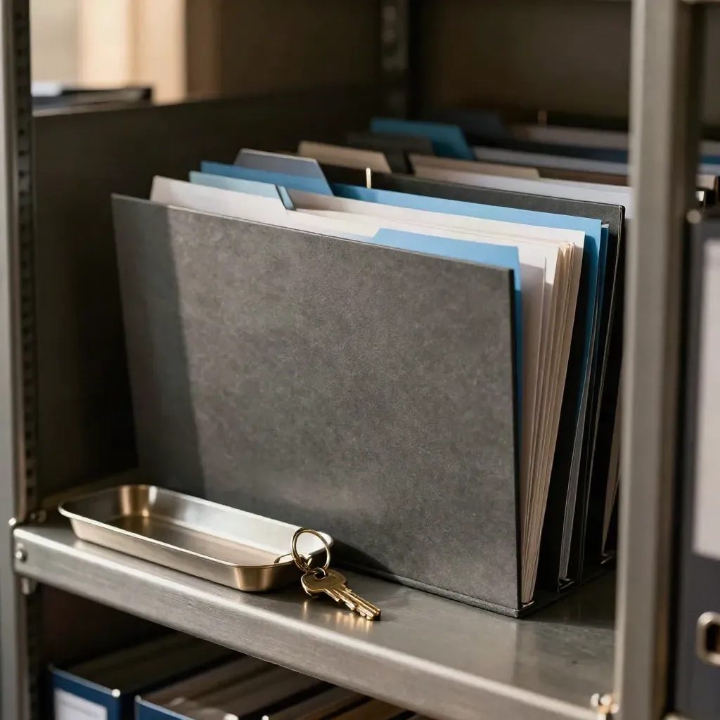 Clipped project folders, brass key ring and inbox tray behind a filing rack