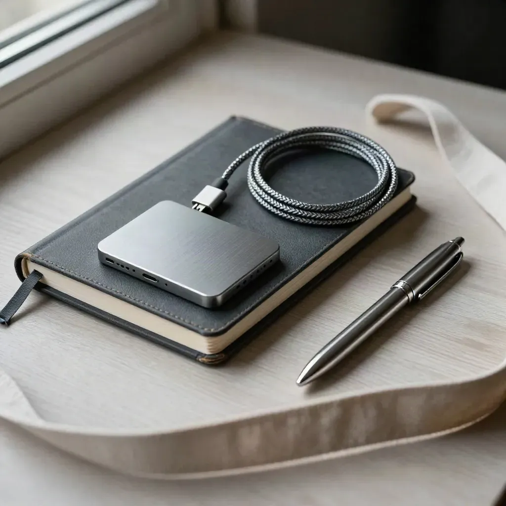Closed work kit for freelancers: notebook, SSD, cable, and pen case on pale wood.