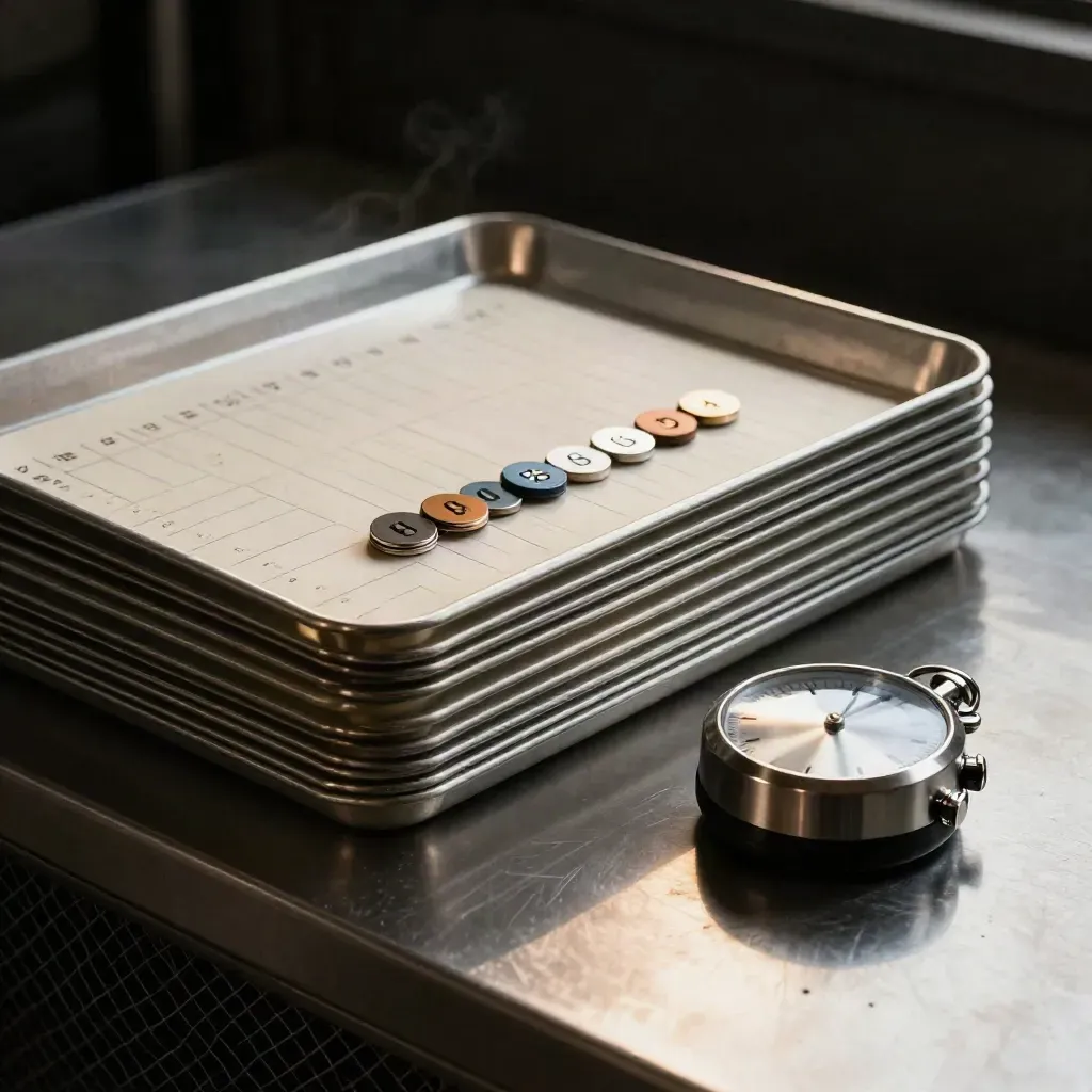Aluminum trays, magnetic tokens, and an industrial timer on brushed steel, shot through black mesh.