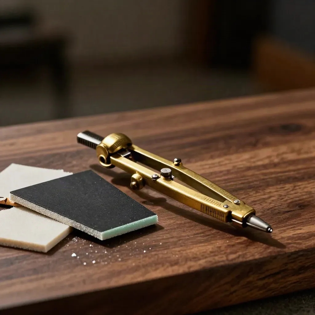 Brass compass with foam offcuts and black sample chips on walnut, dramatic studio light
