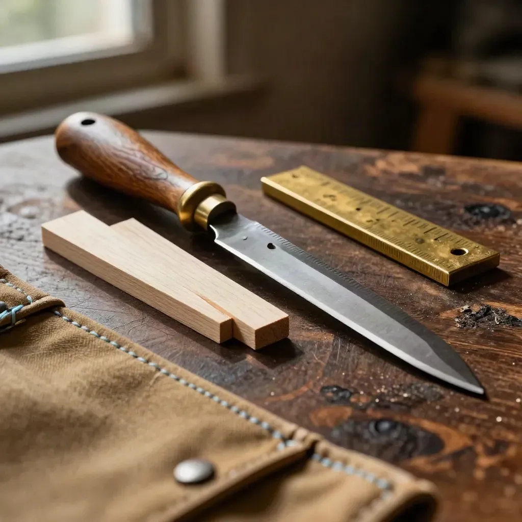 Carpenter’s knife, wood offcuts, brass square on dark oak with blurred tool roll.