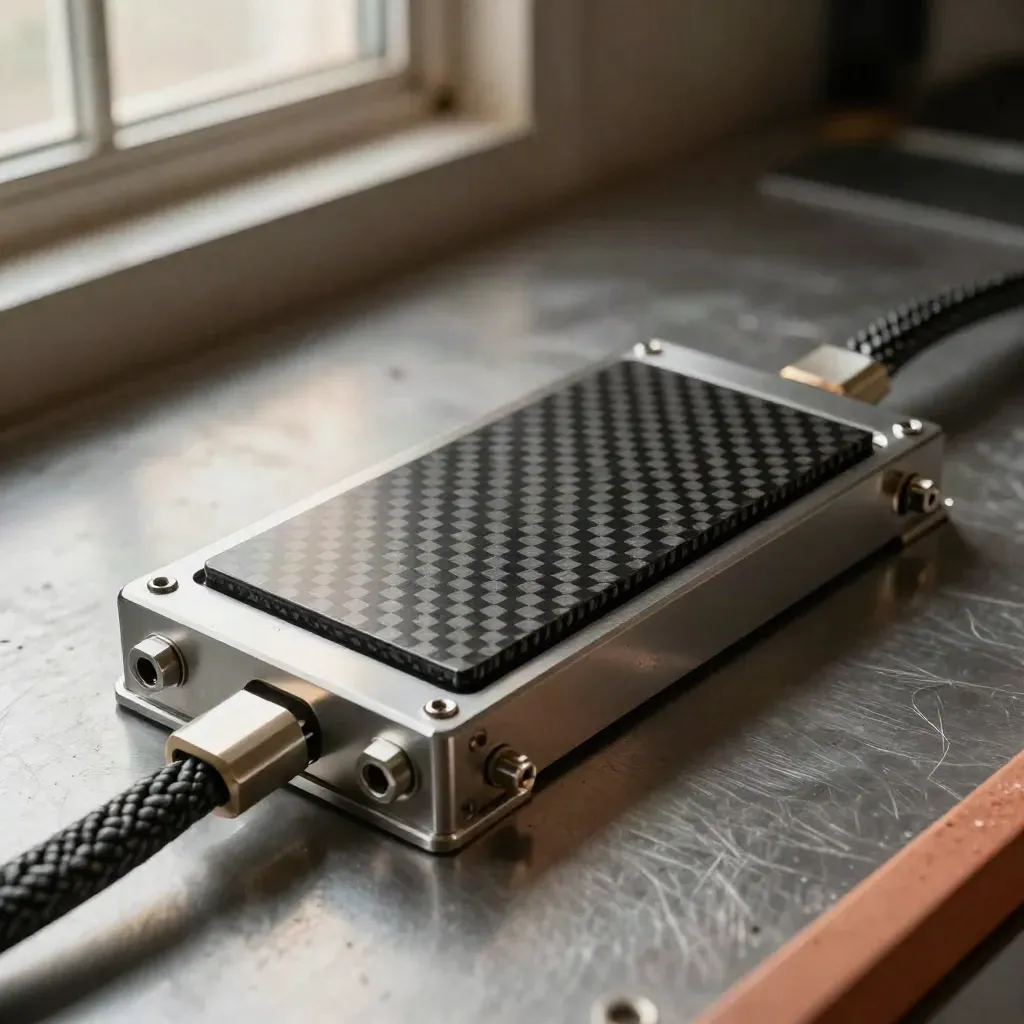 Prototype enclosure, standoffs, braided cable, and carbon-fiber sample on brushed metal.