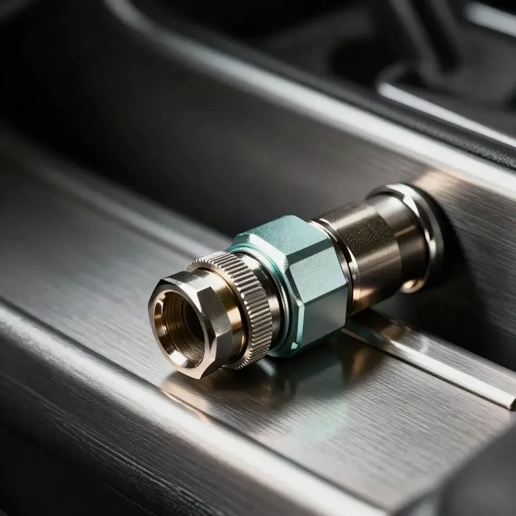 Macro still life of precision connectors seating into a brushed-metal coupling block in cool haze.