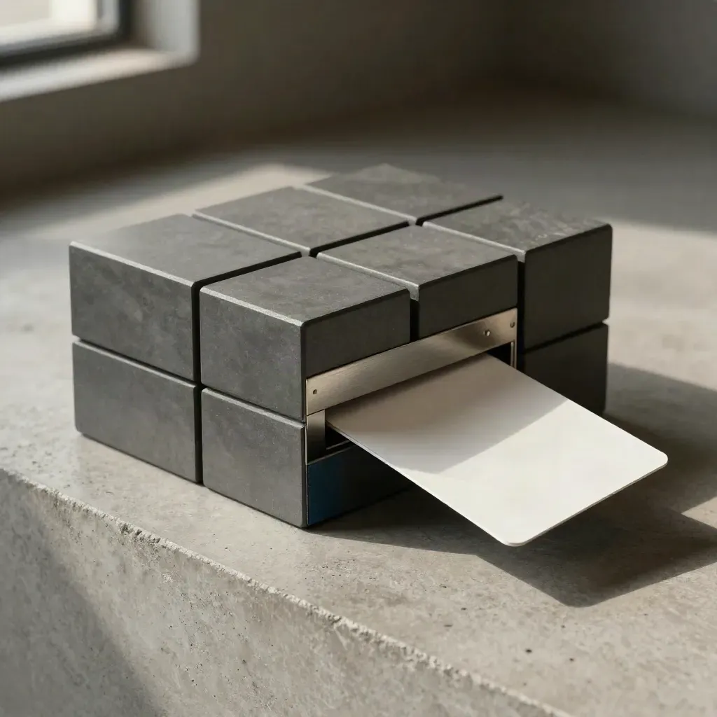 Top-down modular graphite blocks, a blank card and paperweight on concrete with a pale blue accent