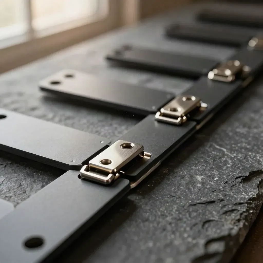 Matte connector plates and aluminum hinge on graphite stone, lit in a dark macro workflow still life.